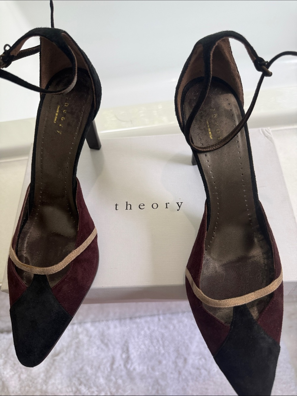 Theory Burgundy and Black Suede Pointed-Toe Ankle-Strap Heels